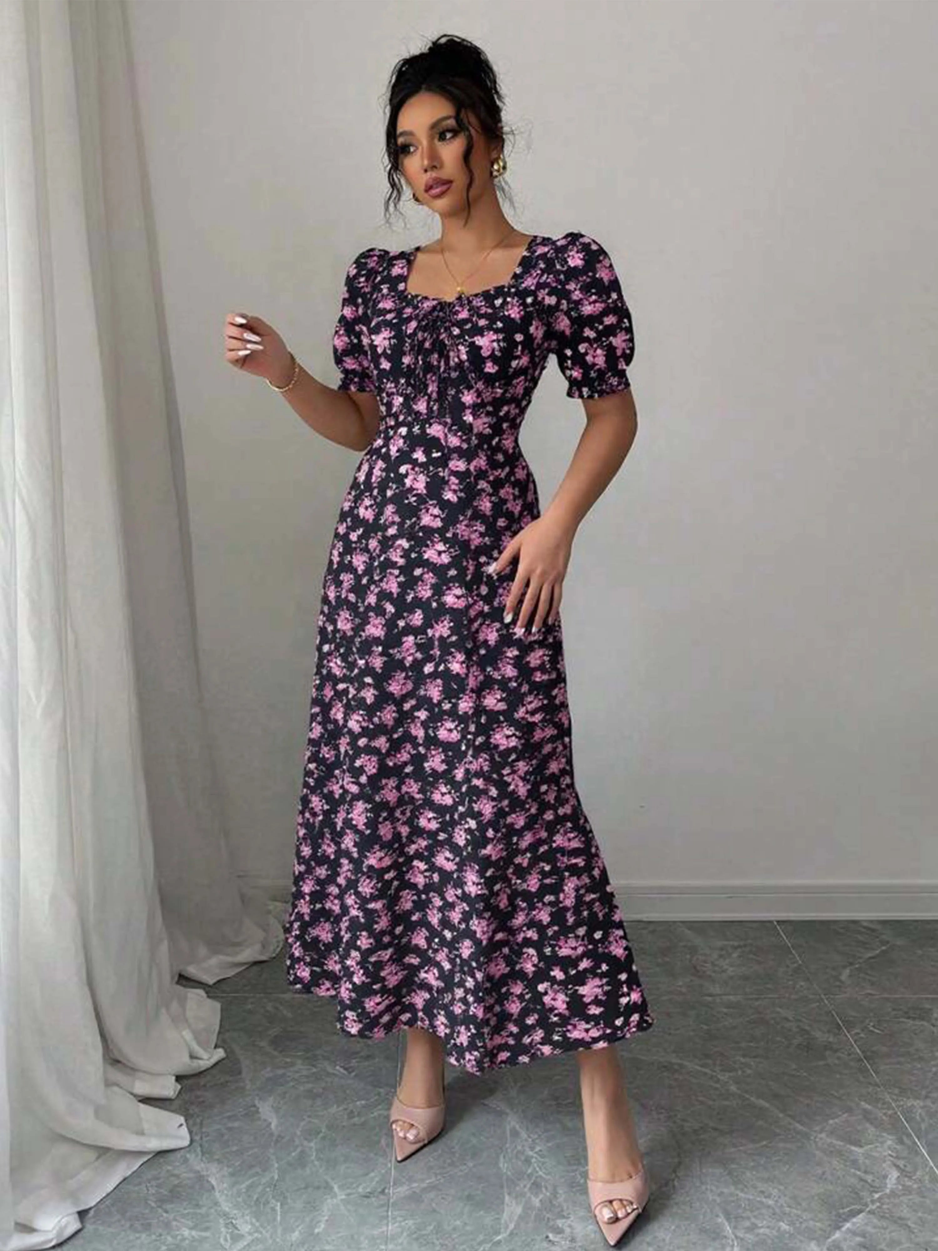 Women's Summer Maxi Dress Elegant Casual Puff Sleeve