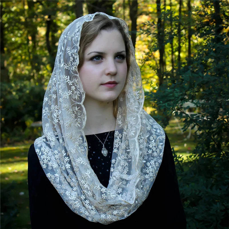 Black Navy Champagne Floral Mantilla Mass Infinity Embroidered Lace Veil