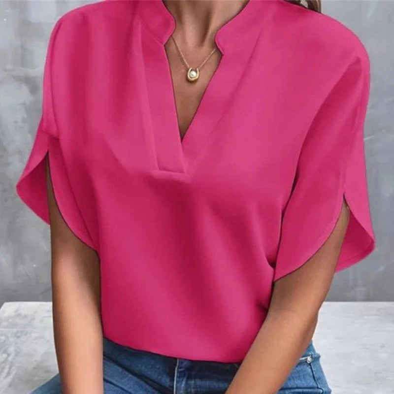 Woman New Summer Solid Color Shirts Lady Casual Short Sleeve V-Neck Collar
