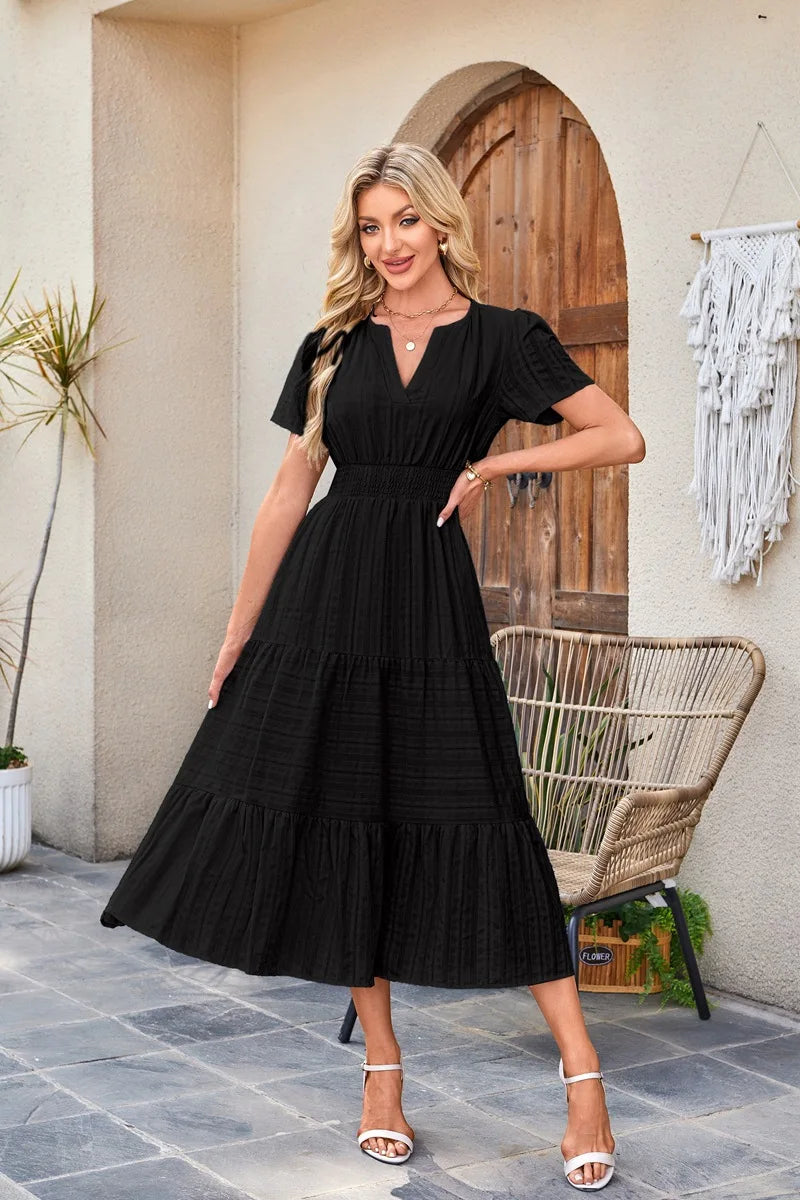2026 New Dresses Women V Neck Ruched Puff Sleeve Dress Short Sleeve A-Line Flowy Dress Casual