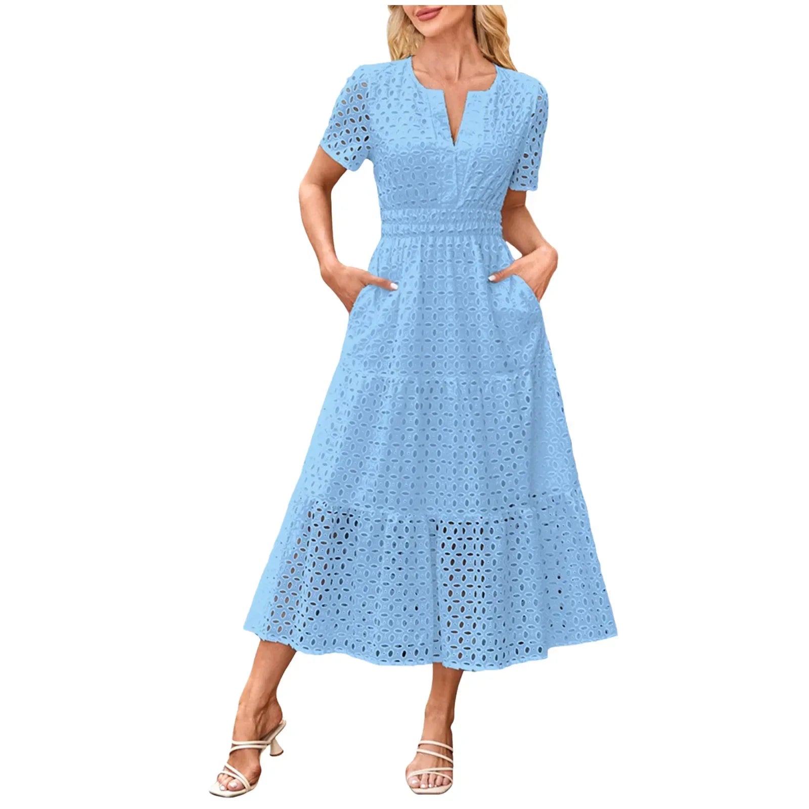 Summer New Women Short Sleeved Long Dress Trendy V-Neck Hollow Eyelets Ruffle Hem A-Line Dresses