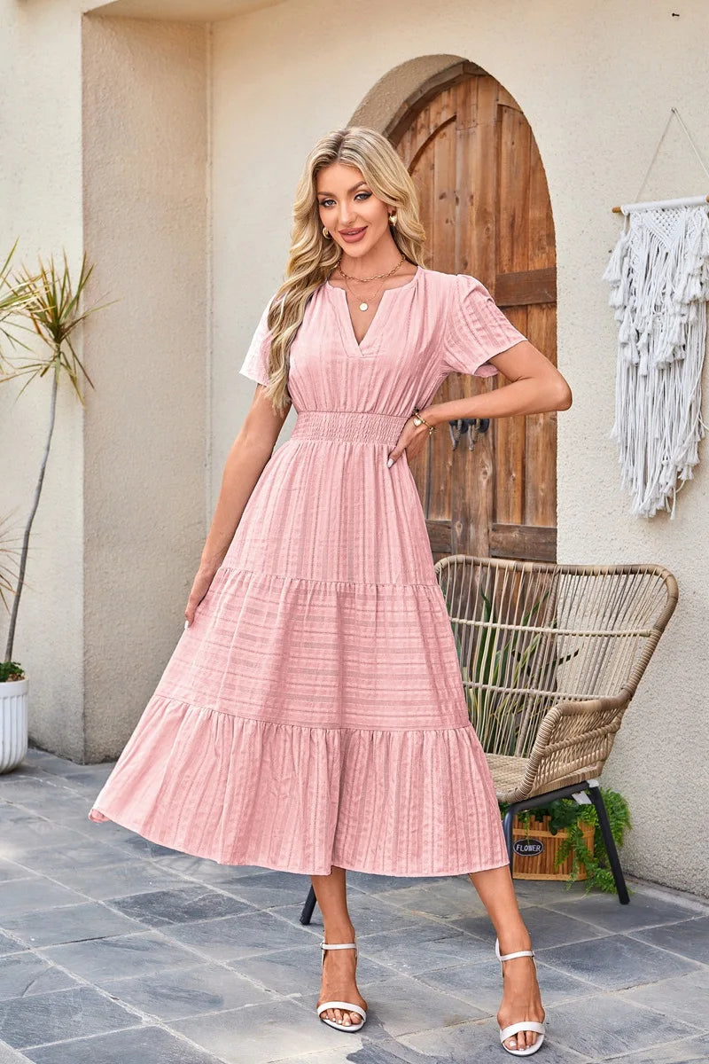 2026 New Dresses Women V Neck Ruched Puff Sleeve Dress Short Sleeve A-Line Flowy Dress Casual