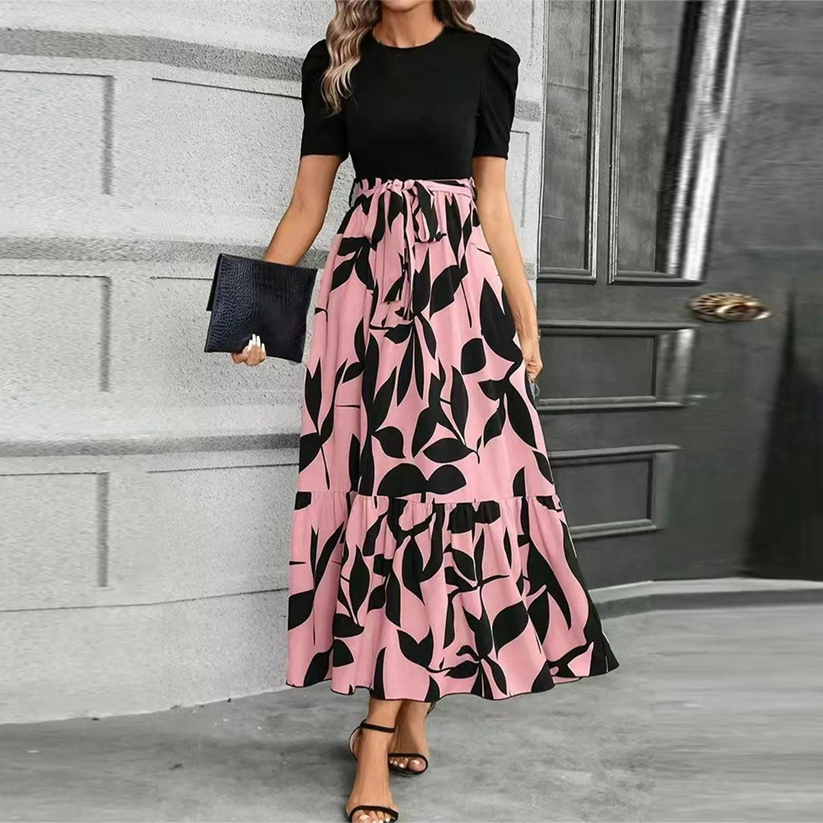 Dresses Elegant Office Lady Outfits A-line Lace-up Slim Fit Waist Ruffle Hem Skirt