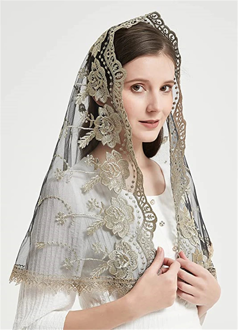 Catholic Veils for Women Mass Lotus-Shaped Gold Embroidered Venice Spanish Style Chapel Head Covering