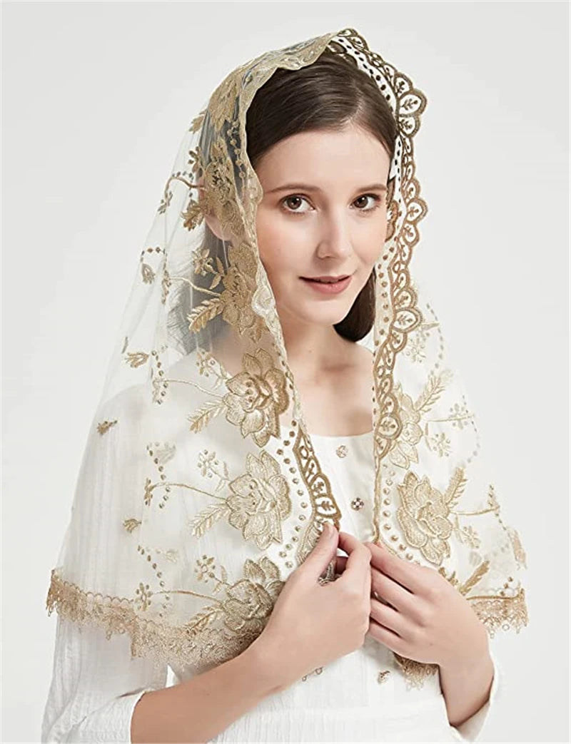 Catholic Veils for Women Mass Lotus-Shaped Gold Embroidered Venice Spanish Style Chapel Head Covering