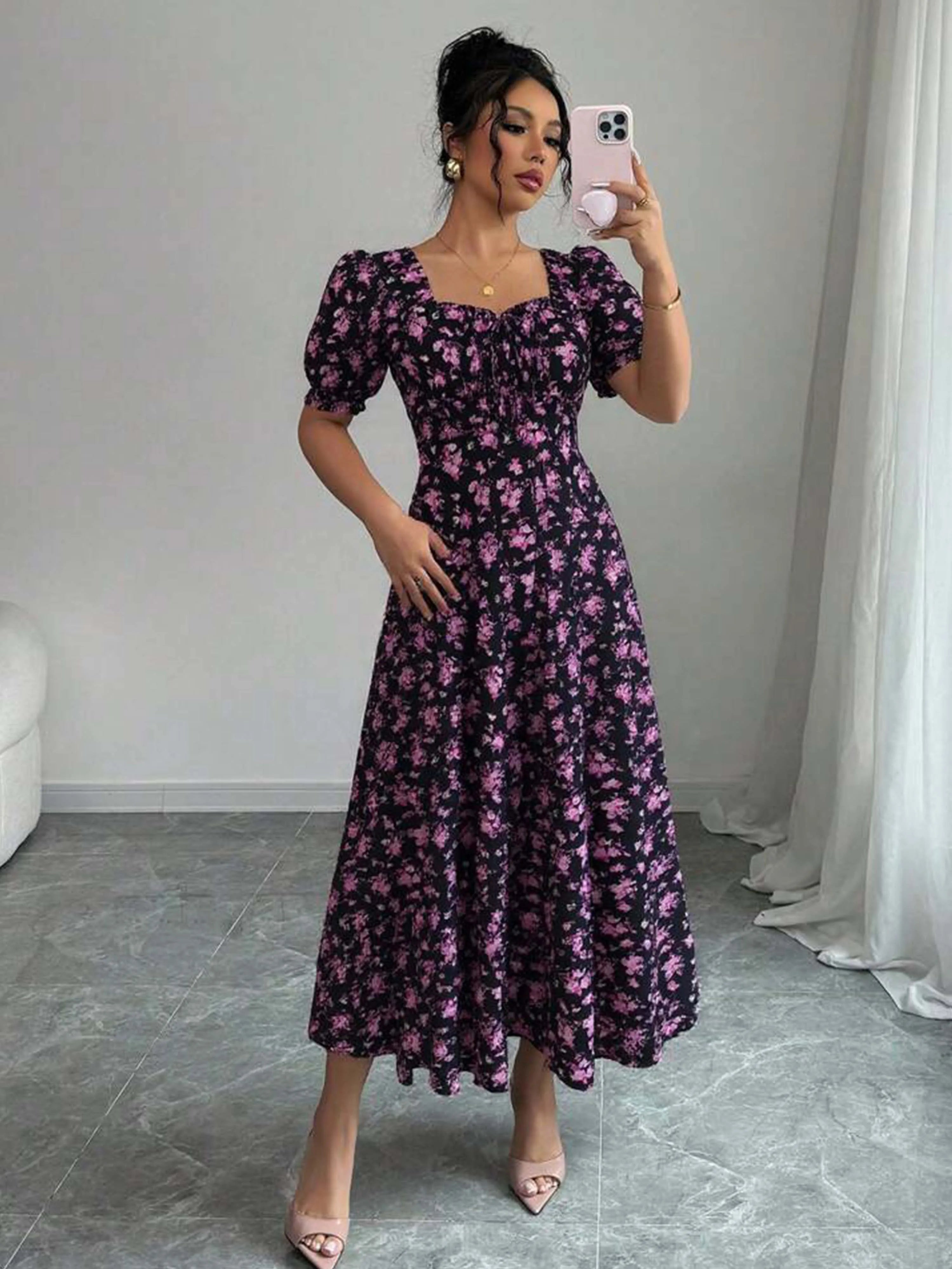 Women's Summer Maxi Dress Elegant Casual Puff Sleeve