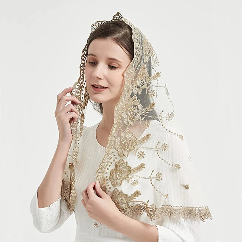 Catholic Veils for Women Mass Lotus-Shaped Gold Embroidered Venice Spanish Style Chapel Head Covering