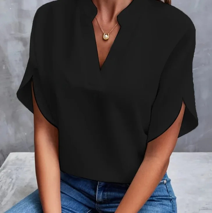 Woman New Summer Solid Color Shirts Lady Casual Short Sleeve V-Neck Collar