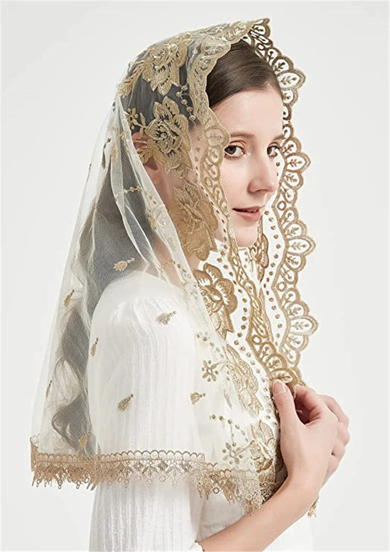 Catholic Veils for Women Mass Lotus-Shaped Gold Embroidered Venice Spanish Style Chapel Head Covering