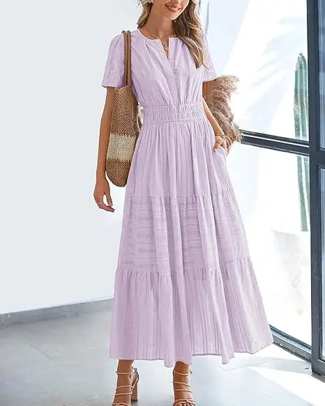 2026 New Dresses Women V Neck Ruched Puff Sleeve Dress Short Sleeve A-Line Flowy Dress Casual