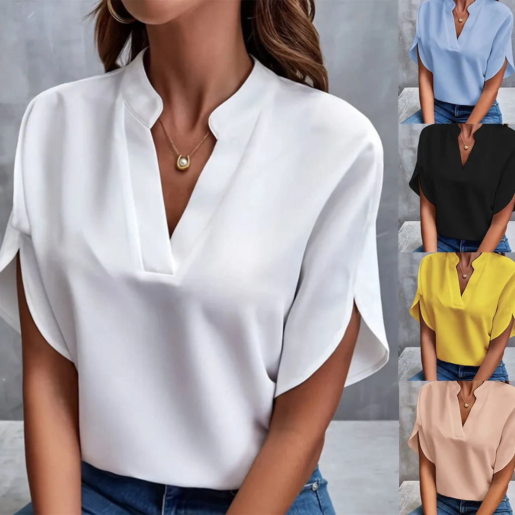 Woman New Summer Solid Color Shirts Lady Casual Short Sleeve V-Neck Collar