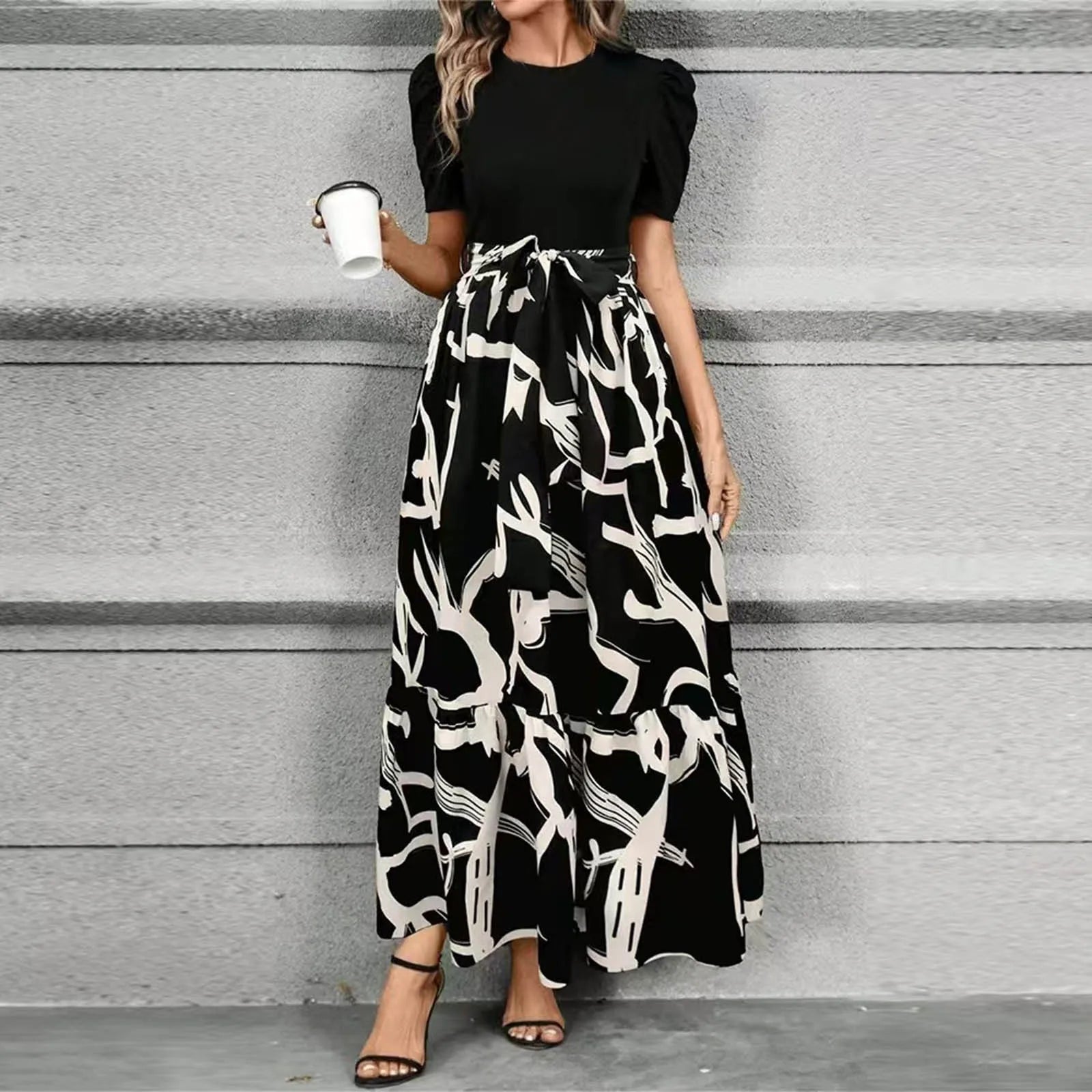Dresses Elegant Office Lady Outfits A-line Lace-up Slim Fit Waist Ruffle Hem Skirt