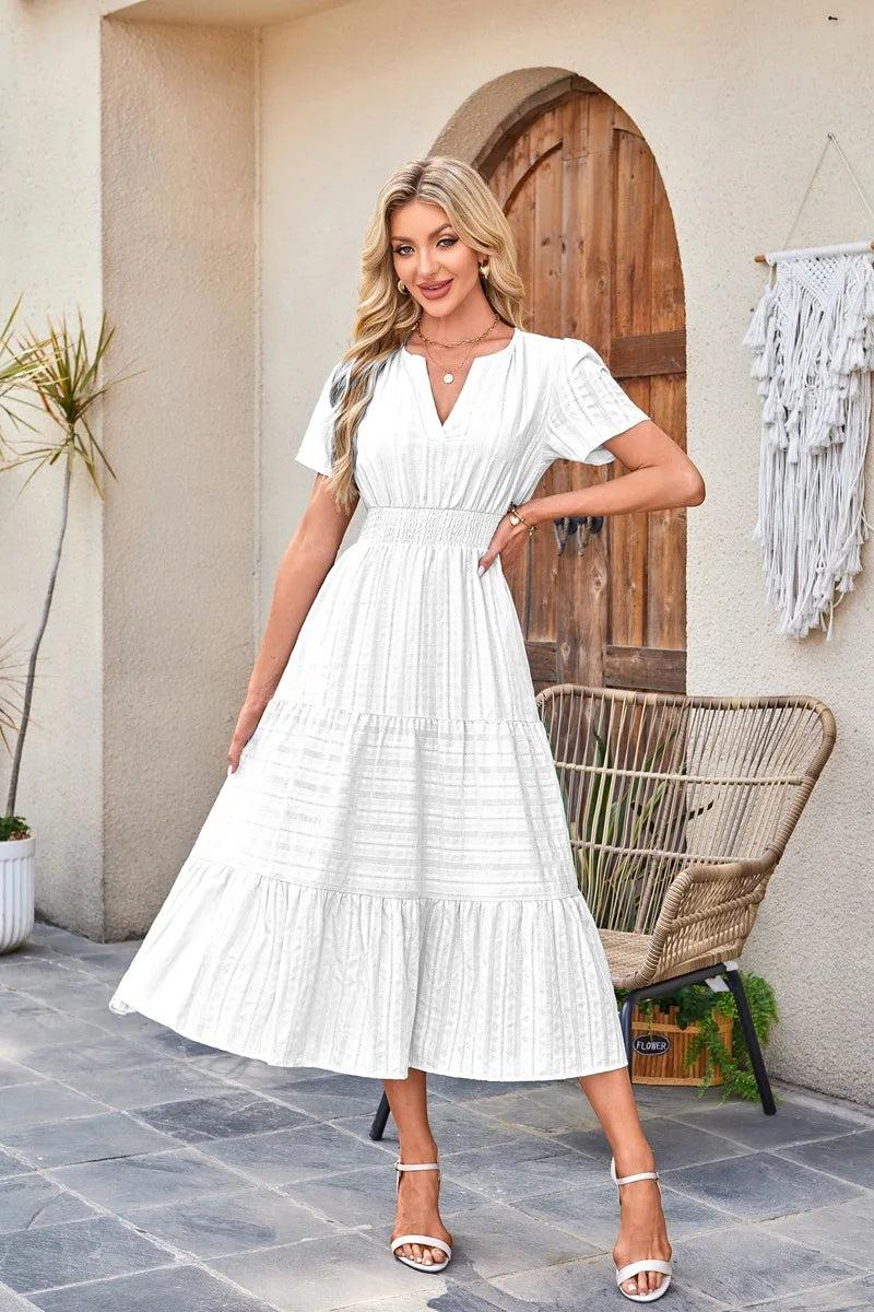 2026 New Dresses Women V Neck Ruched Puff Sleeve Dress Short Sleeve A-Line Flowy Dress Casual